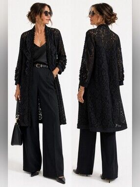 SooLinen Black Floral Lace Duster Cardigan Long Ruffle Beaded Sequin Jacket L